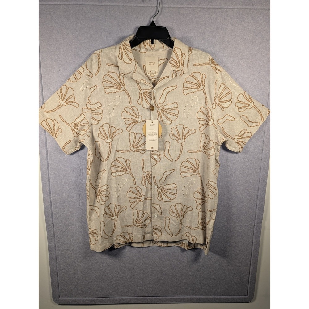 Common People Men's L Linen Blend Woven Floral Beige Brown SS Button-Up Shirt